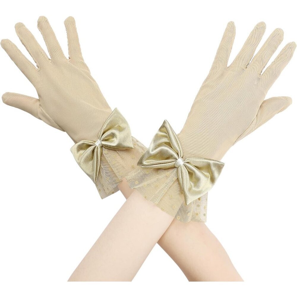 Women's Short Apricot Lace Bow  Polka Dots Gloves Mesh Wedding Tea Party Prom